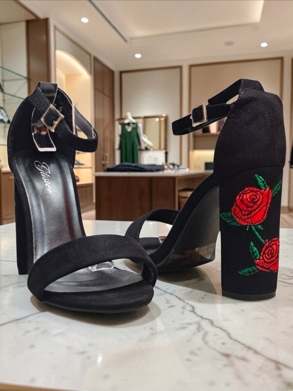 Black Faux Suede Block Heel Sandals With Rose Embroidery & Ankle Strap - Picture 5 of 13